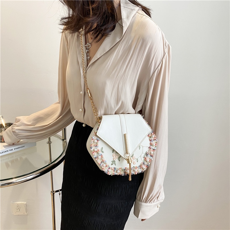 Chain Tassel Pearl Lace Crossbody Bag