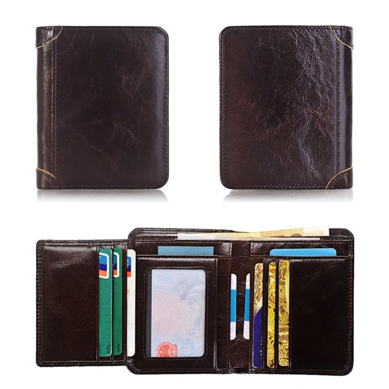 Genuine Leather Men Short Trifold Wallet