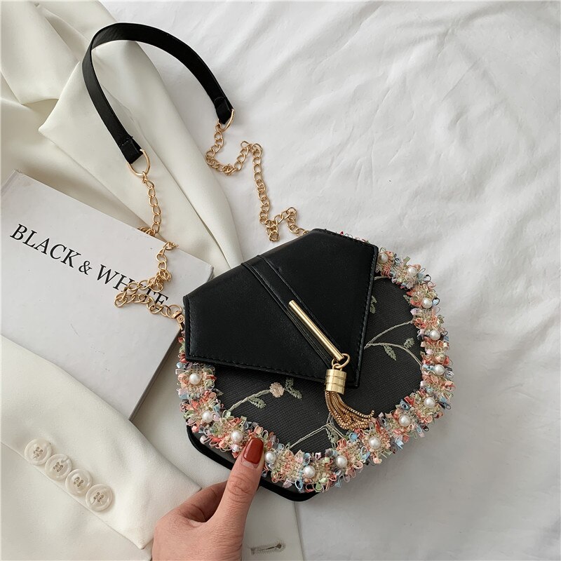 Chain Tassel Pearl Lace Crossbody Bag