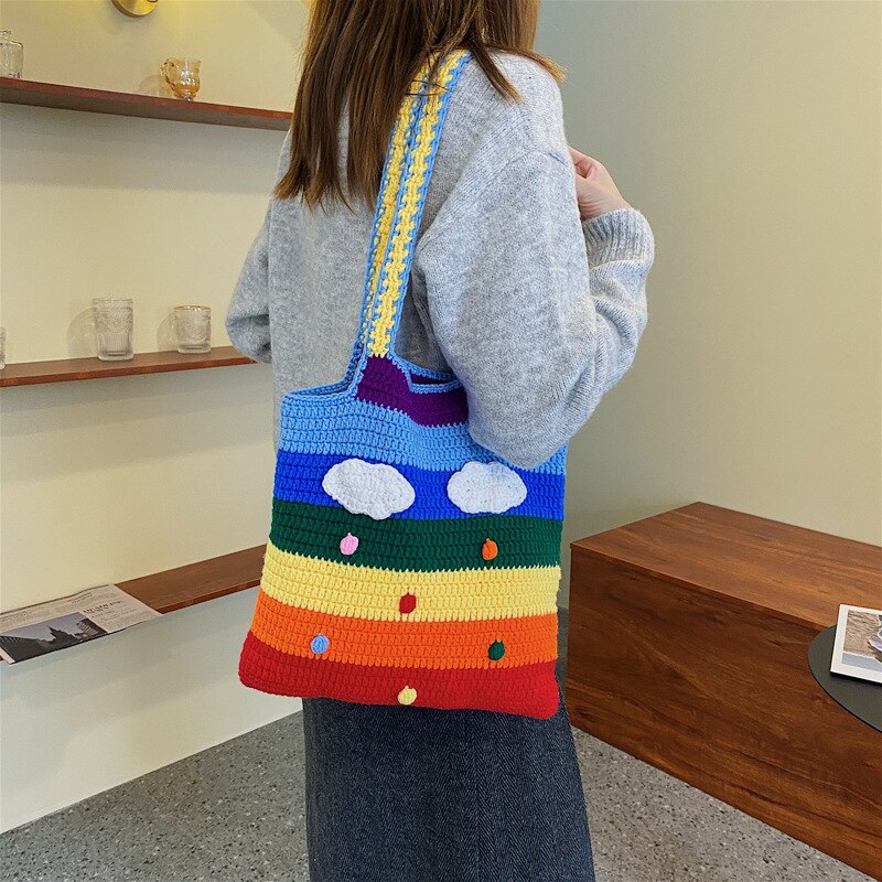Sweet Plush Hit Color Knitted Shoulder Bag