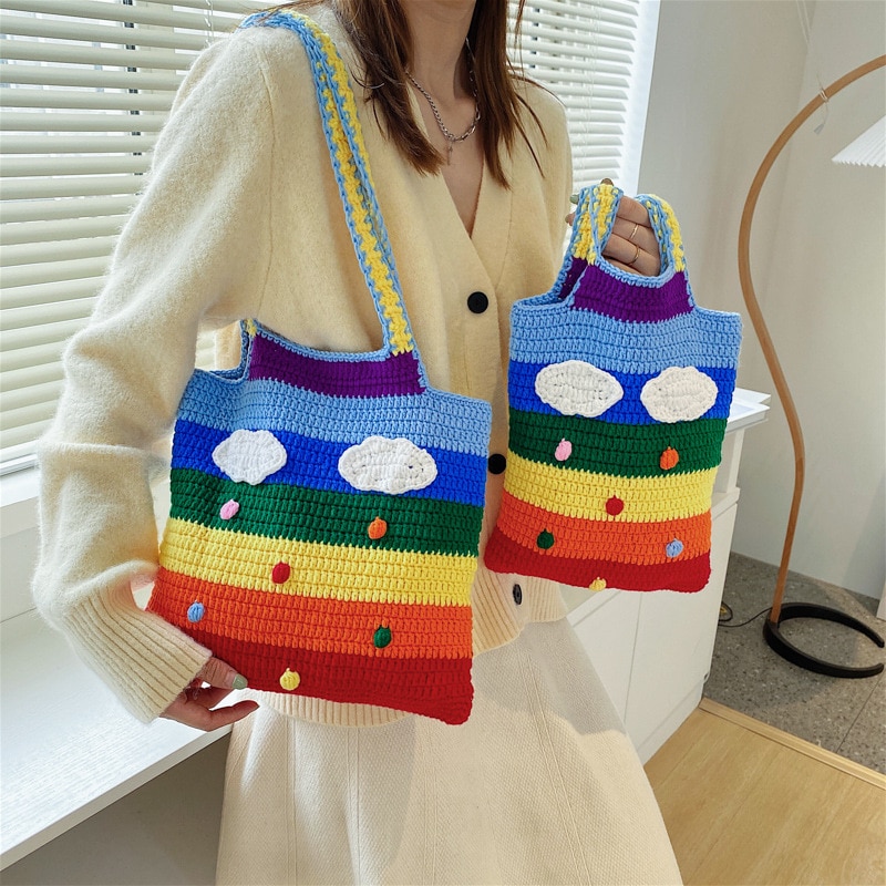 Sweet Plush Hit Color Knitted Shoulder Bag