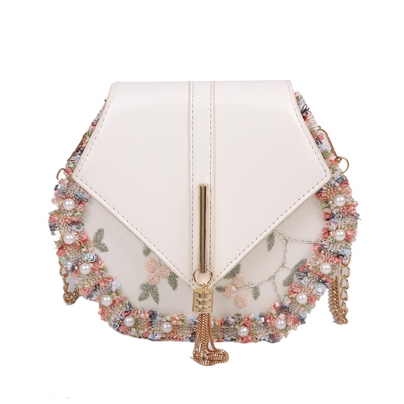 Chain Tassel Pearl Lace Crossbody Bag