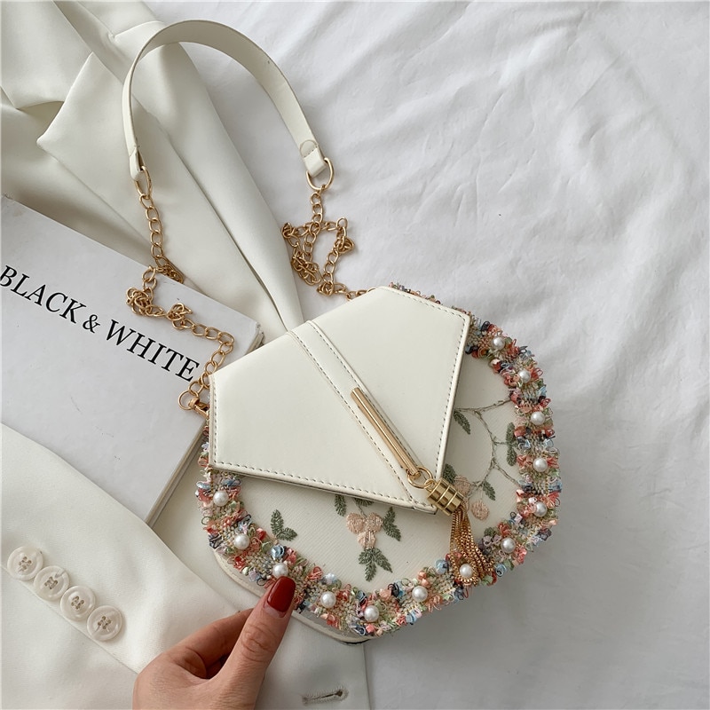 Chain Tassel Pearl Lace Crossbody Bag