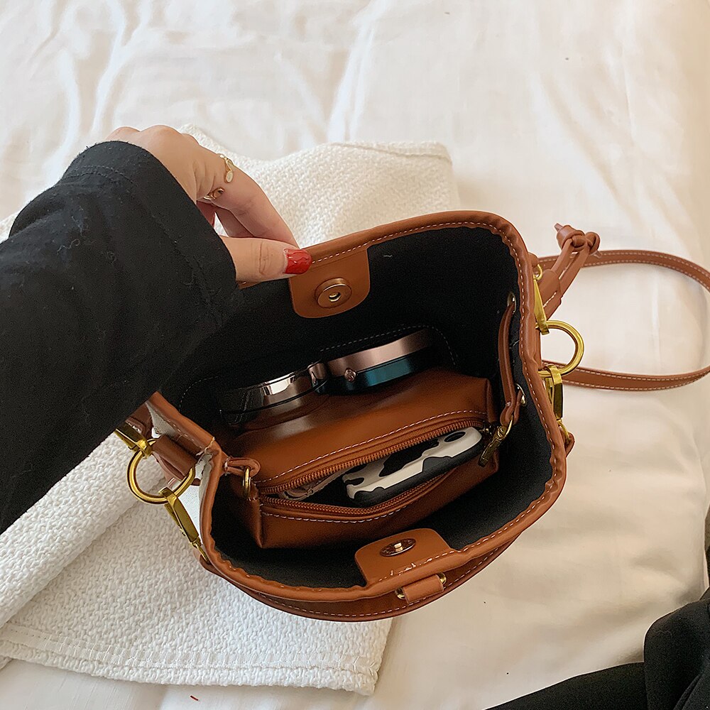 Vintage Simple Patchwork Canvas Bucket Crossbody Bag